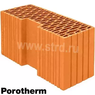 Керамический блок теплая керамика пустотелый 44R угловой Красный рифленый рабочий размер 440мм 440*185*219мм М100кг/см2 Porotherm (Винербергер)